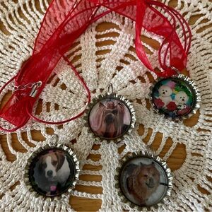Handmade Dog Pendant Collection with Red Ribbon Interchangeable Bottle Caps